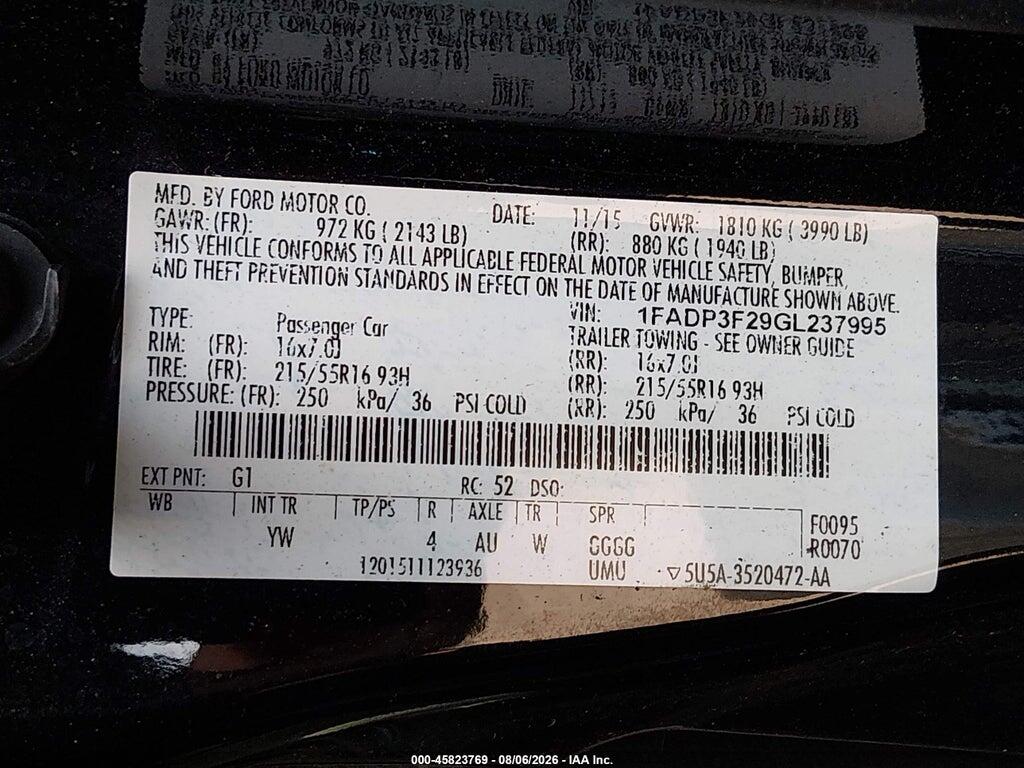 1FADP3F29GL237995 2016 FORD FOCUS photo no. 9