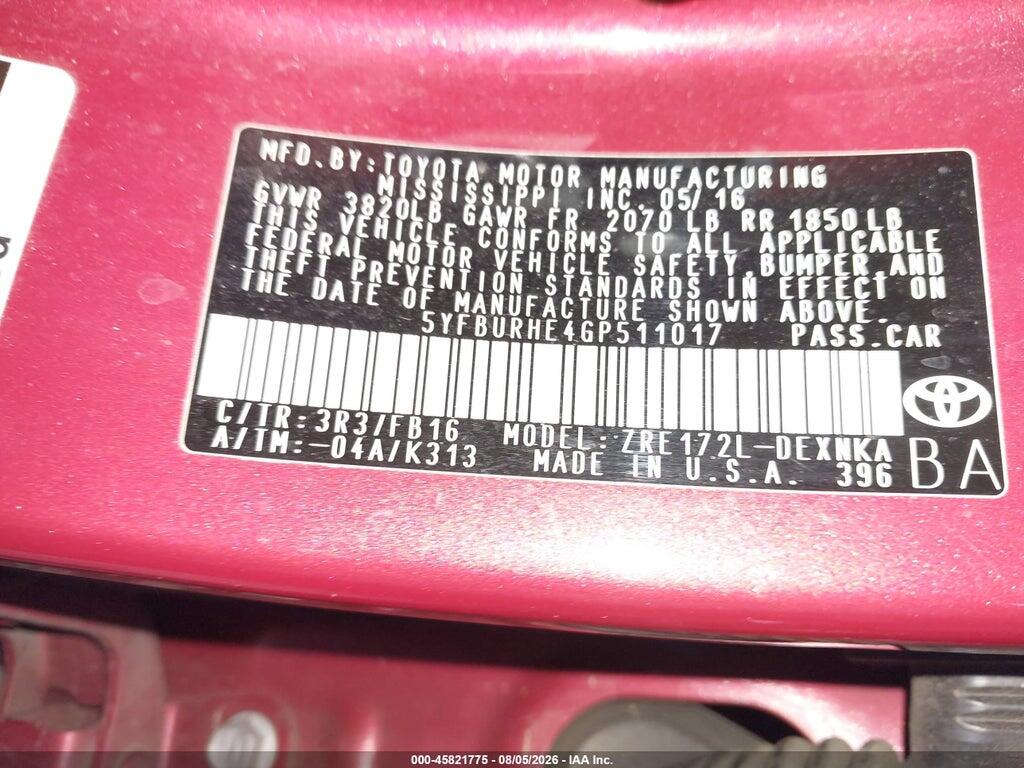 5YFBURHE4GP511017 2016 TOYOTA COROLLA photo no. 9