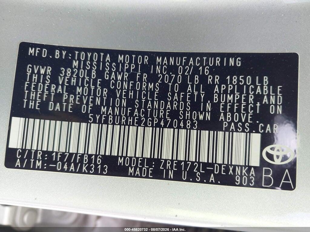 5YFBURHE2GP470483 2016 TOYOTA COROLLA photo no. 9