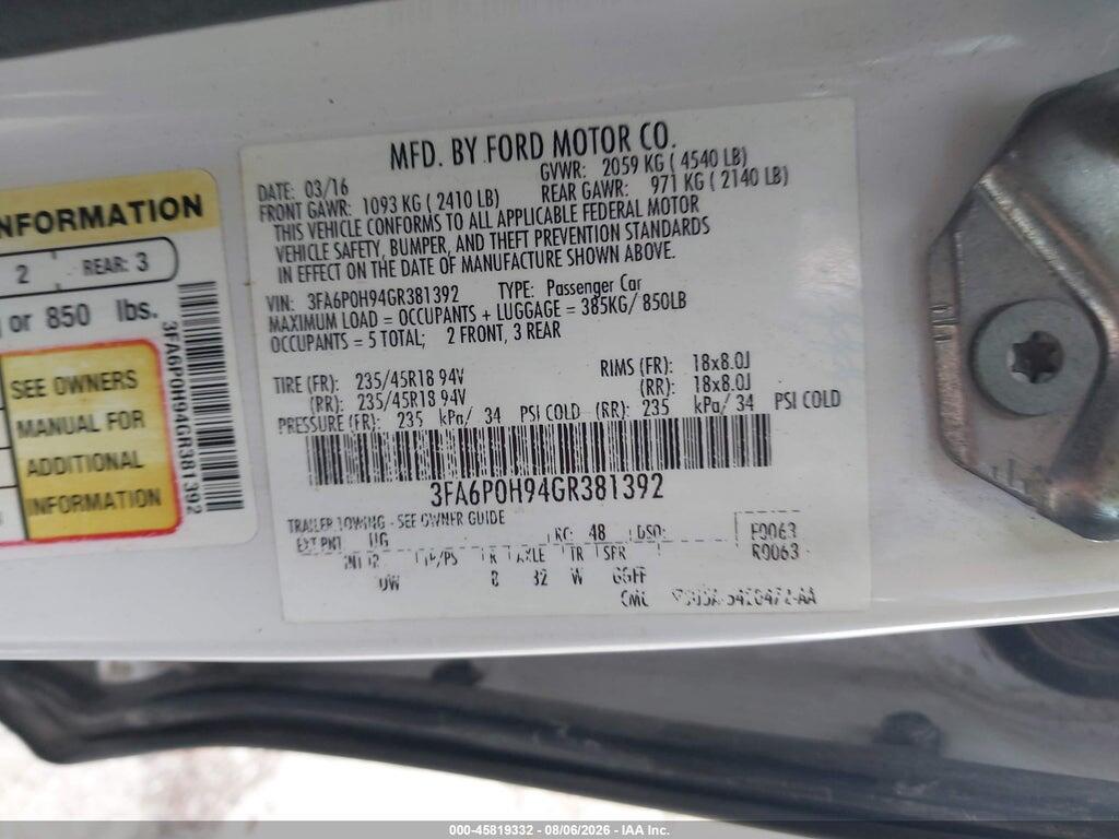 3FA6P0H94GR381392 2016 FORD FUSION photo no. 9