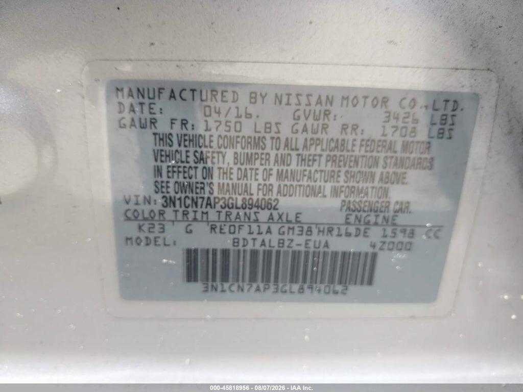 3N1CN7AP3GL894062 2016 NISSAN VERSA photo no. 9