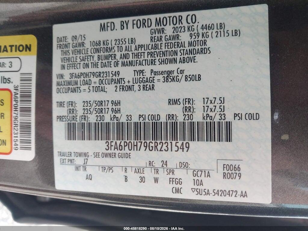 3FA6P0H79GR231549 2016 FORD FUSION photo no. 9