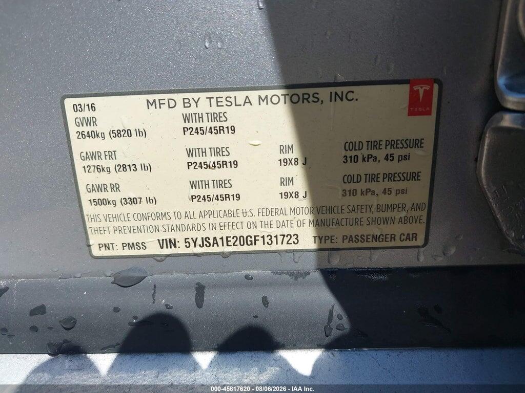 5YJSA1E20GF131723 2016 TESLA MODEL S photo no. 9