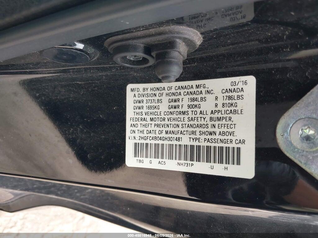 2HGFC4B04GH301481 2016 HONDA CIVIC photo no. 9