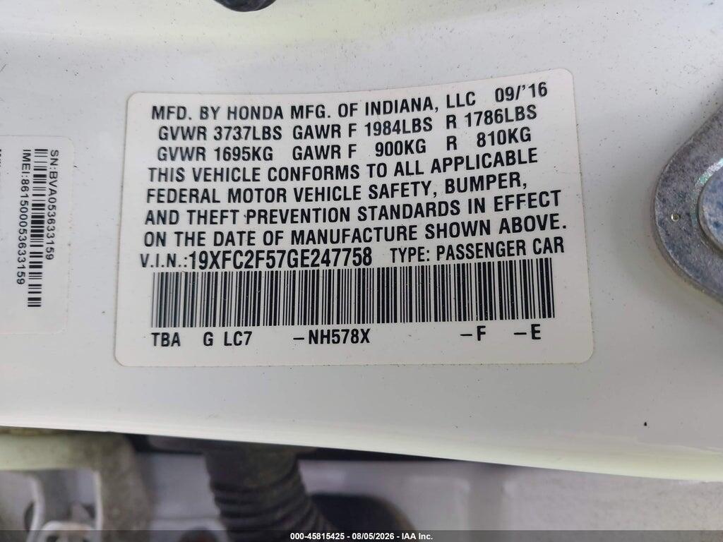 19XFC2F57GE247758 2016 HONDA CIVIC photo no. 9