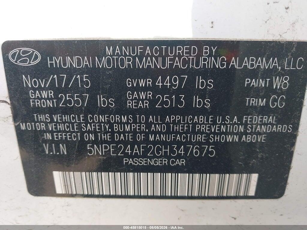5NPE24AF2GH347675 2016 HYUNDAI SONATA photo no. 9