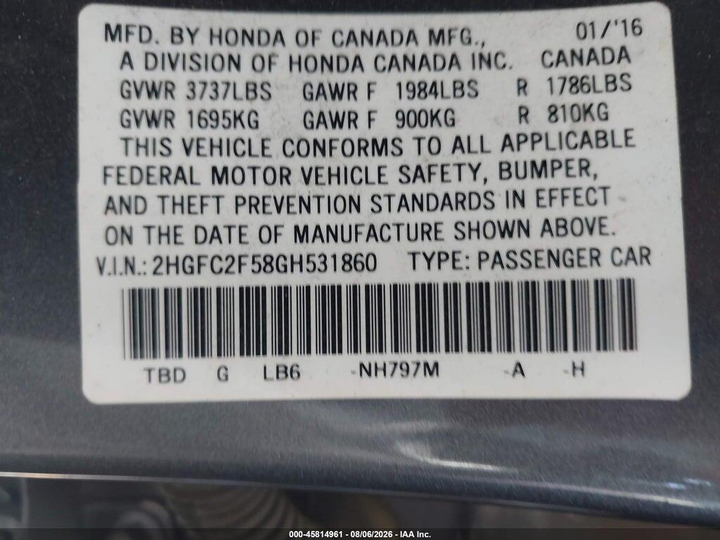 2HGFC2F58GH531860 2016 HONDA CIVIC photo no. 9