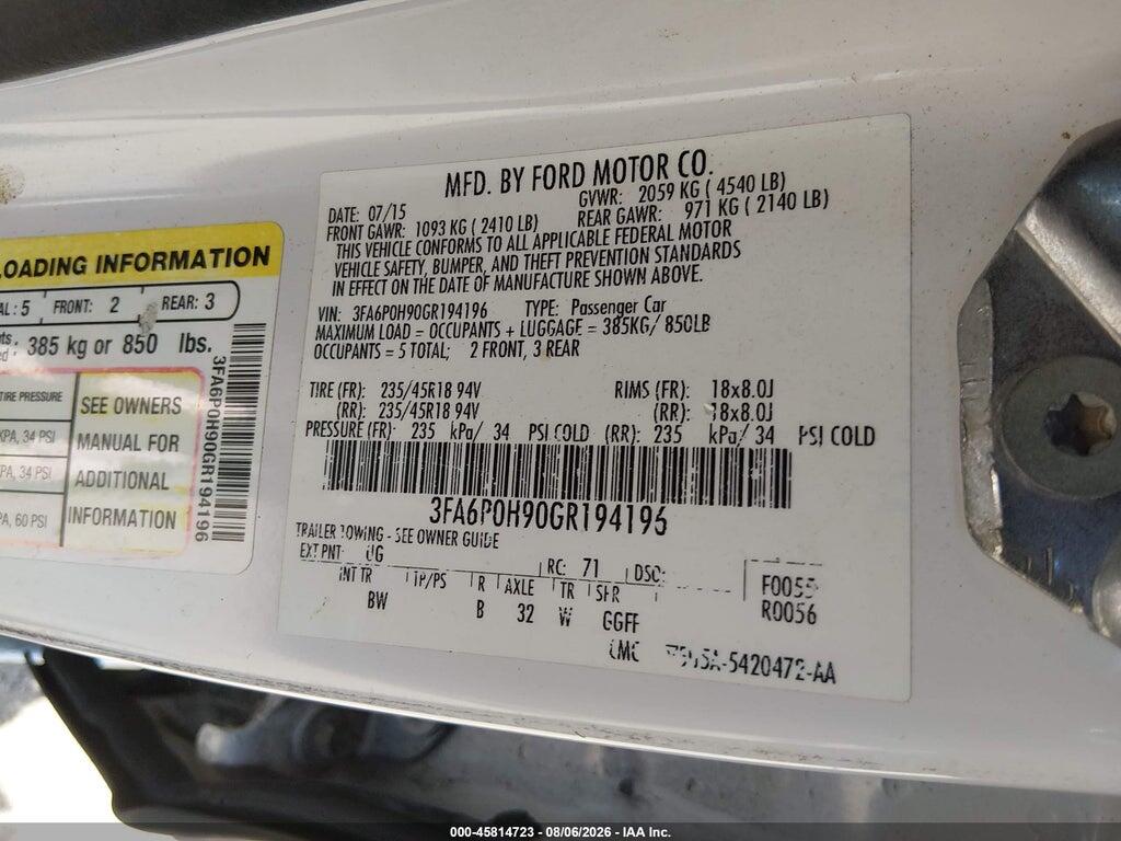 3FA6P0H90GR194196 2016 FORD FUSION photo no. 9