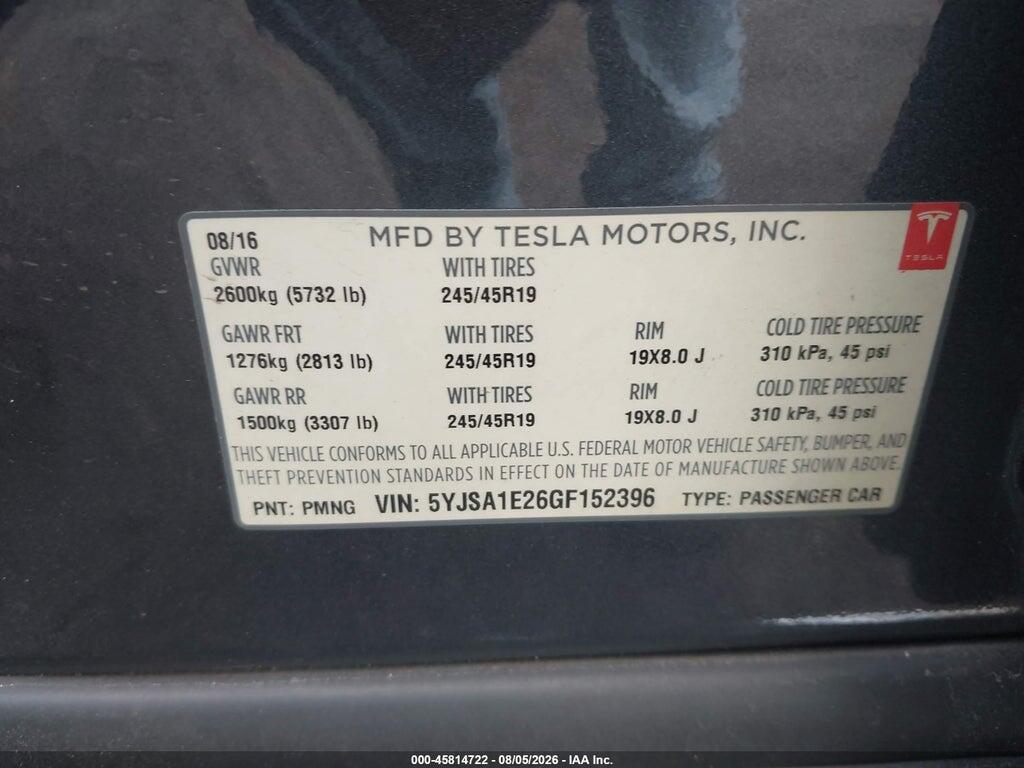 5YJSA1E26GF152396 2016 TESLA MODEL S photo no. 9