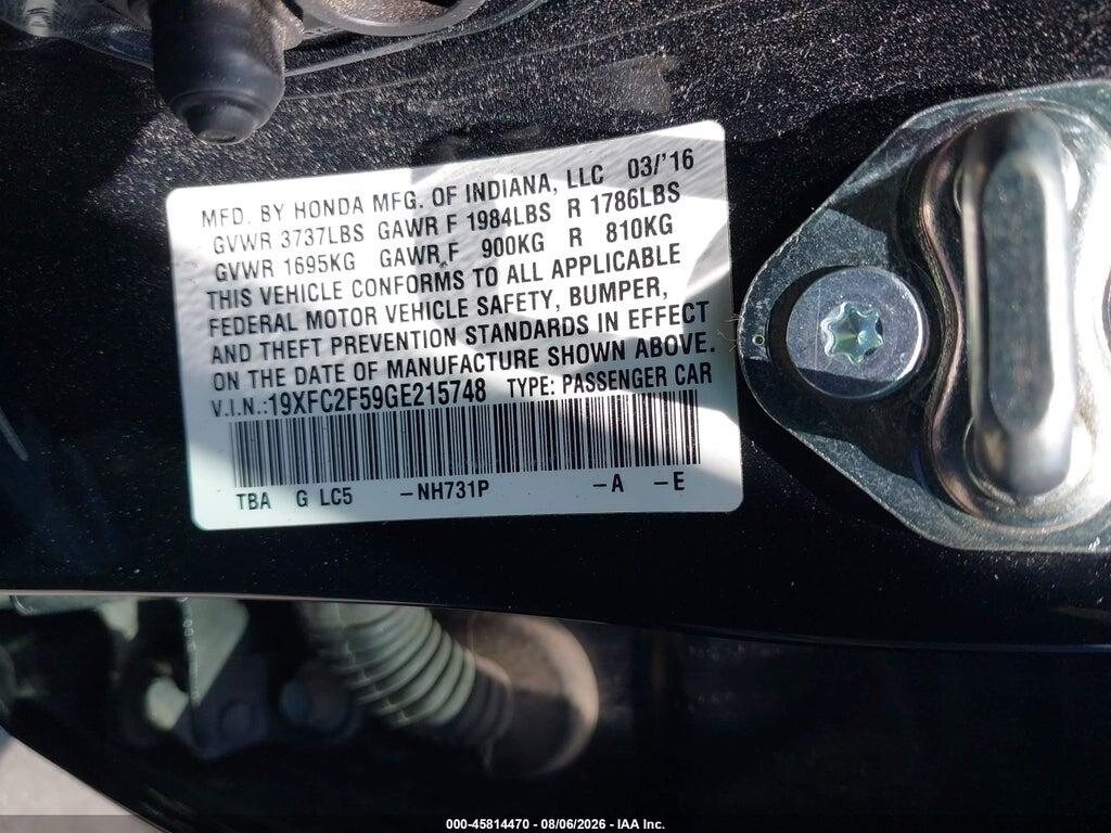 19XFC2F59GE215748 2016 HONDA CIVIC photo no. 9