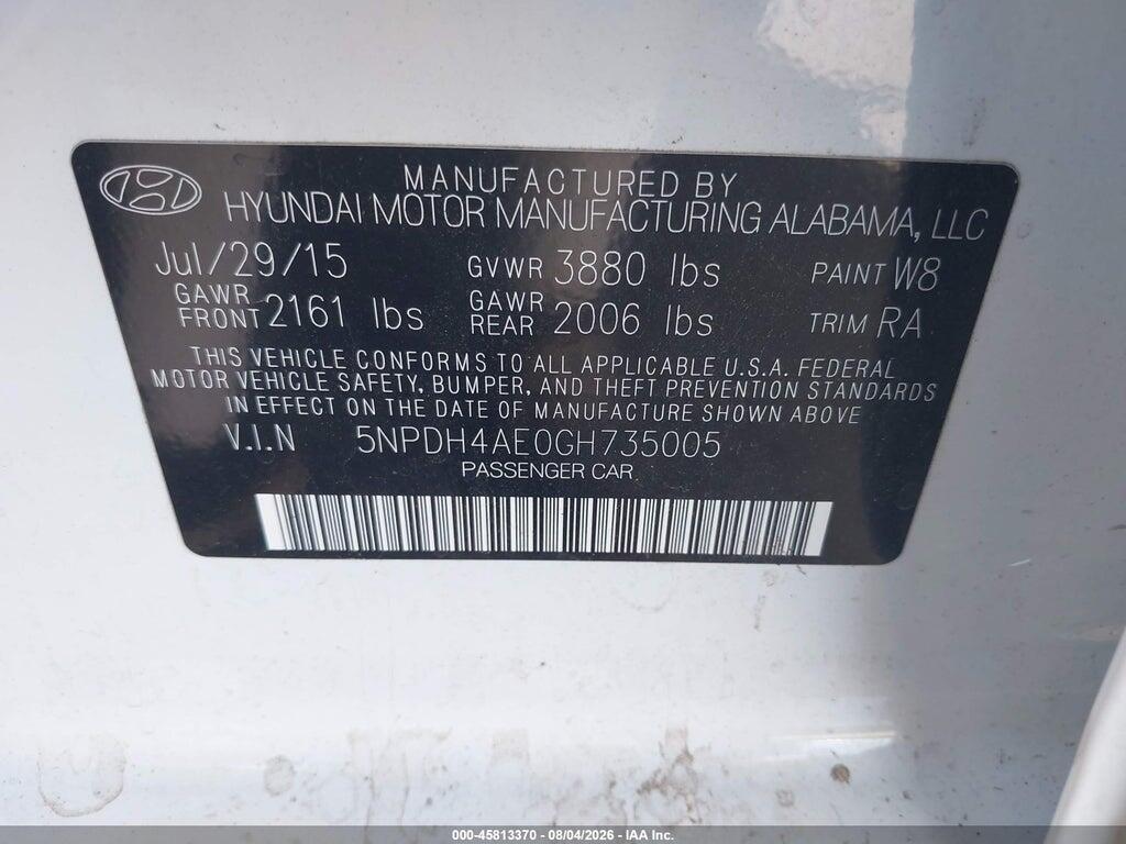 5NPDH4AE0GH735005 2016 HYUNDAI ELANTRA photo no. 9