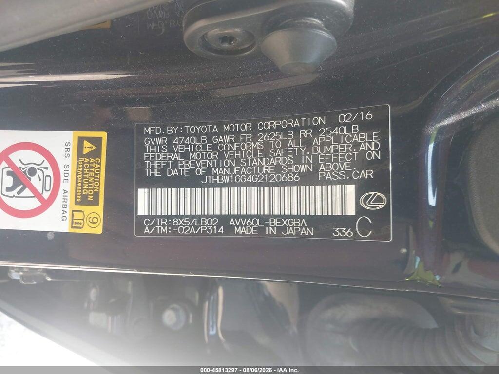 JTHBW1GG4G2120686 2016 LEXUS ES 300H photo no. 9