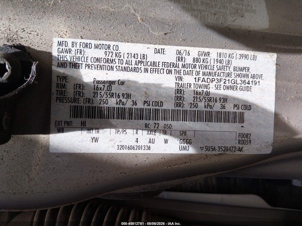 1FADP3F21GL364191 2016 FORD FOCUS photo no. 9