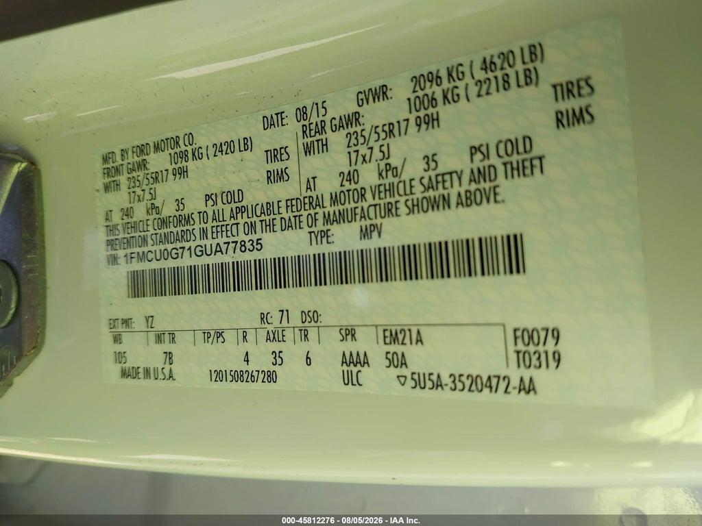 1FMCU0G71GUA77835 2016 FORD ESCAPE photo no. 9