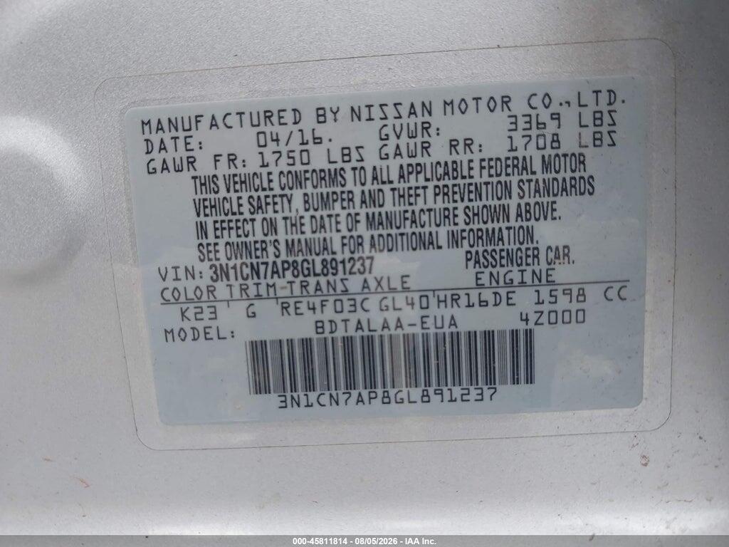 3N1CN7AP8GL891237 2016 NISSAN VERSA photo no. 9