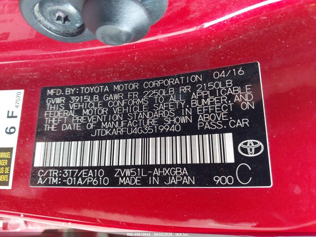 JTDKARFU4G3519940 2016 TOYOTA PRIUS photo no. 9