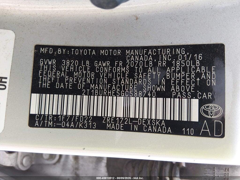 2T1BURHE5GC588740 2016 TOYOTA COROLLA photo no. 9