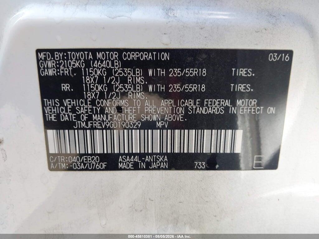 JTMJFREV9GD190329 2016 TOYOTA RAV4 photo no. 9