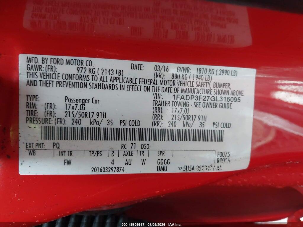 1FADP3F27GL316095 2016 FORD FOCUS photo no. 9