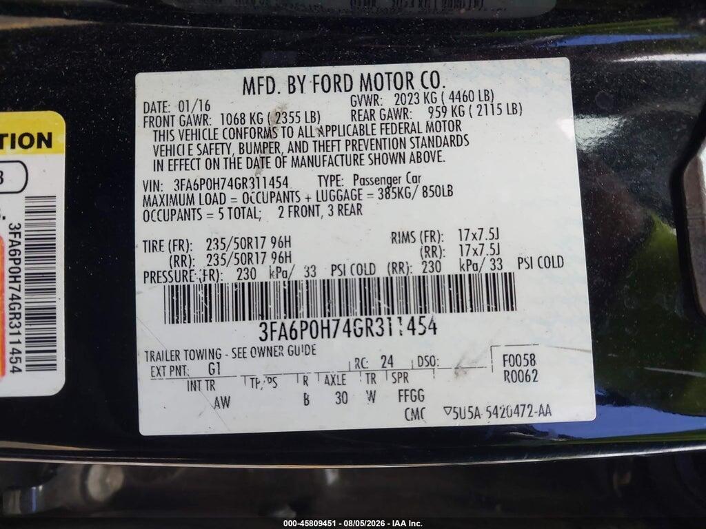 3FA6P0H74GR311454 2016 FORD FUSION photo no. 9