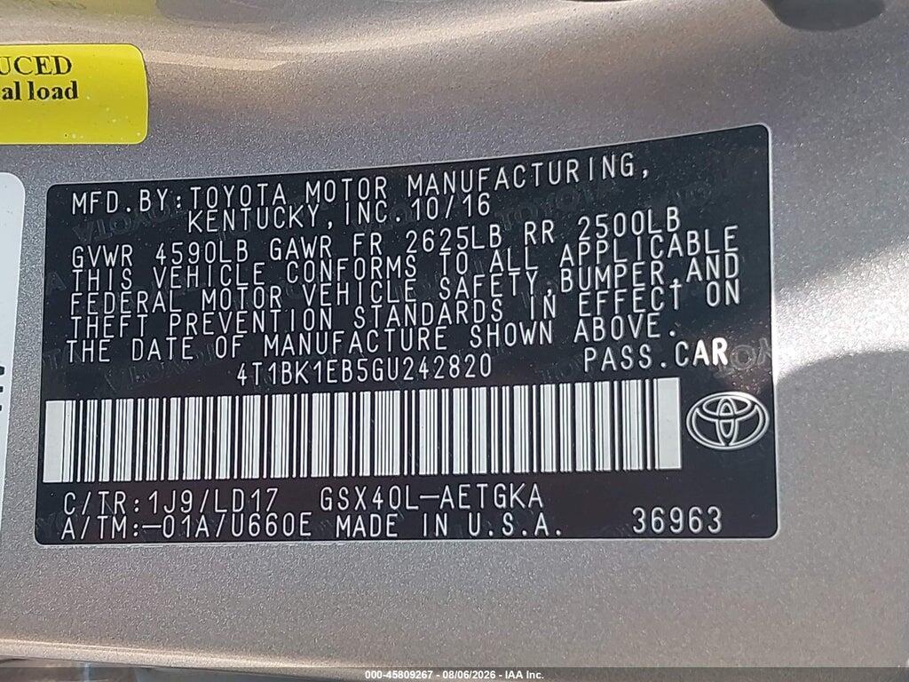 4T1BK1EB5GU242820 2016 TOYOTA AVALON photo no. 9