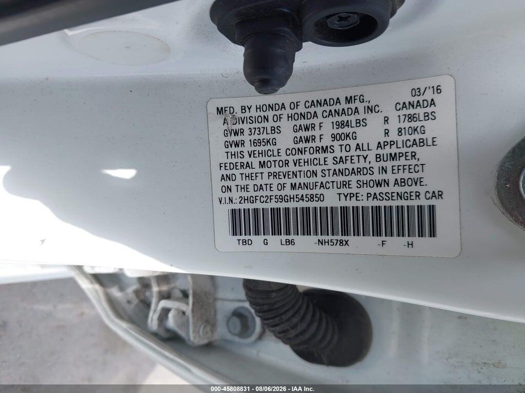 2HGFC2F59GH545850 2016 HONDA CIVIC photo no. 9