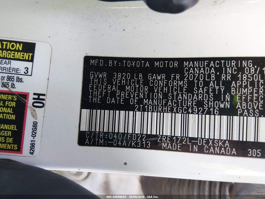 2T1BURHEXGC492716 2016 TOYOTA COROLLA photo no. 9