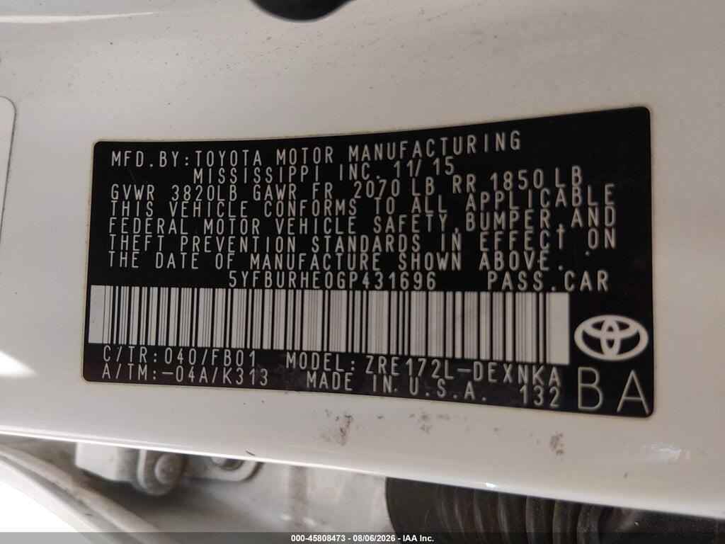 5YFBURHE0GP431696 2016 TOYOTA COROLLA photo no. 9