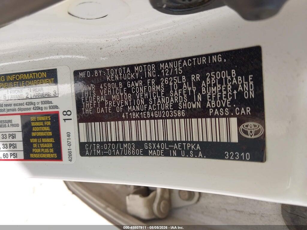 4T1BK1EB4GU203586 2016 TOYOTA AVALON photo no. 9