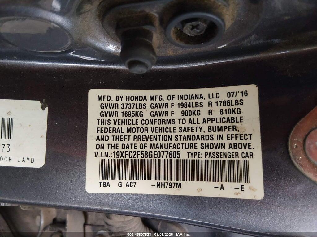 19XFC2F58GE077605 2016 HONDA CIVIC photo no. 9