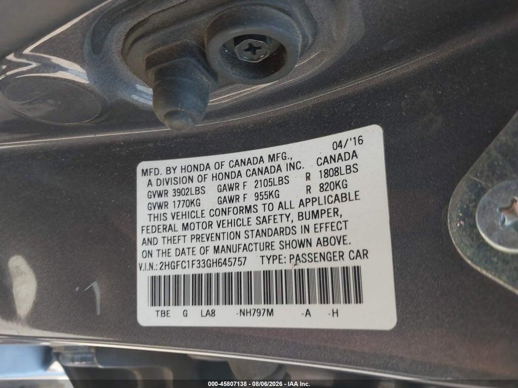2HGFC1F33GH645757 2016 HONDA CIVIC photo no. 9
