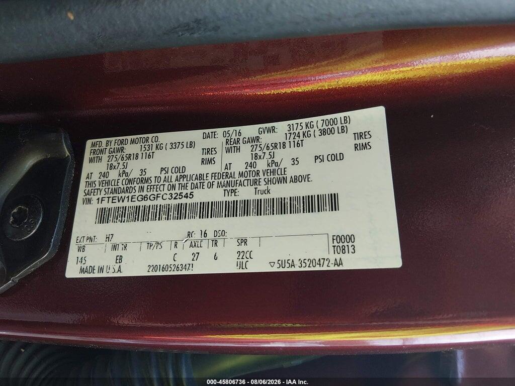 1FTEW1EG6GFC32545 2016 FORD F-150 photo no. 9