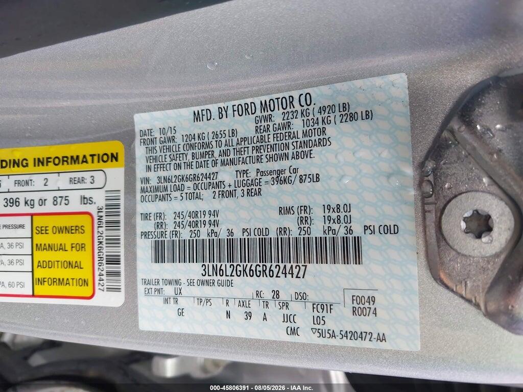 3LN6L2GK6GR624427 2016 LINCOLN MKZ photo no. 9
