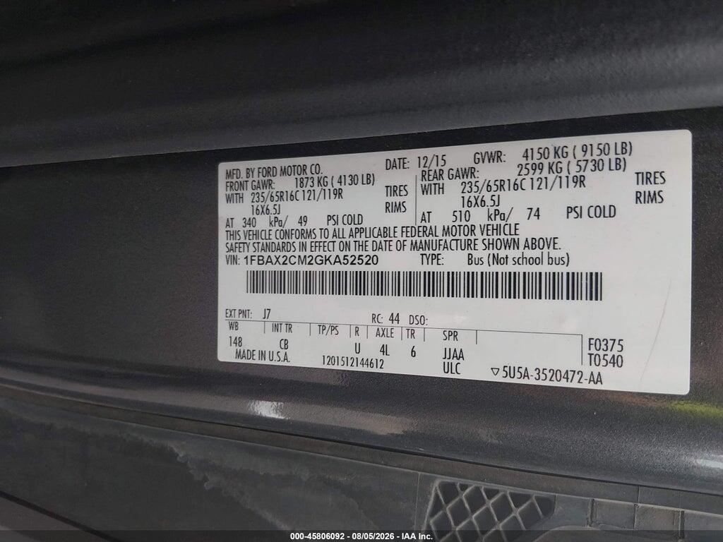 1FBAX2CM2GKA52520 2016 FORD TRANSIT-350 photo no. 9