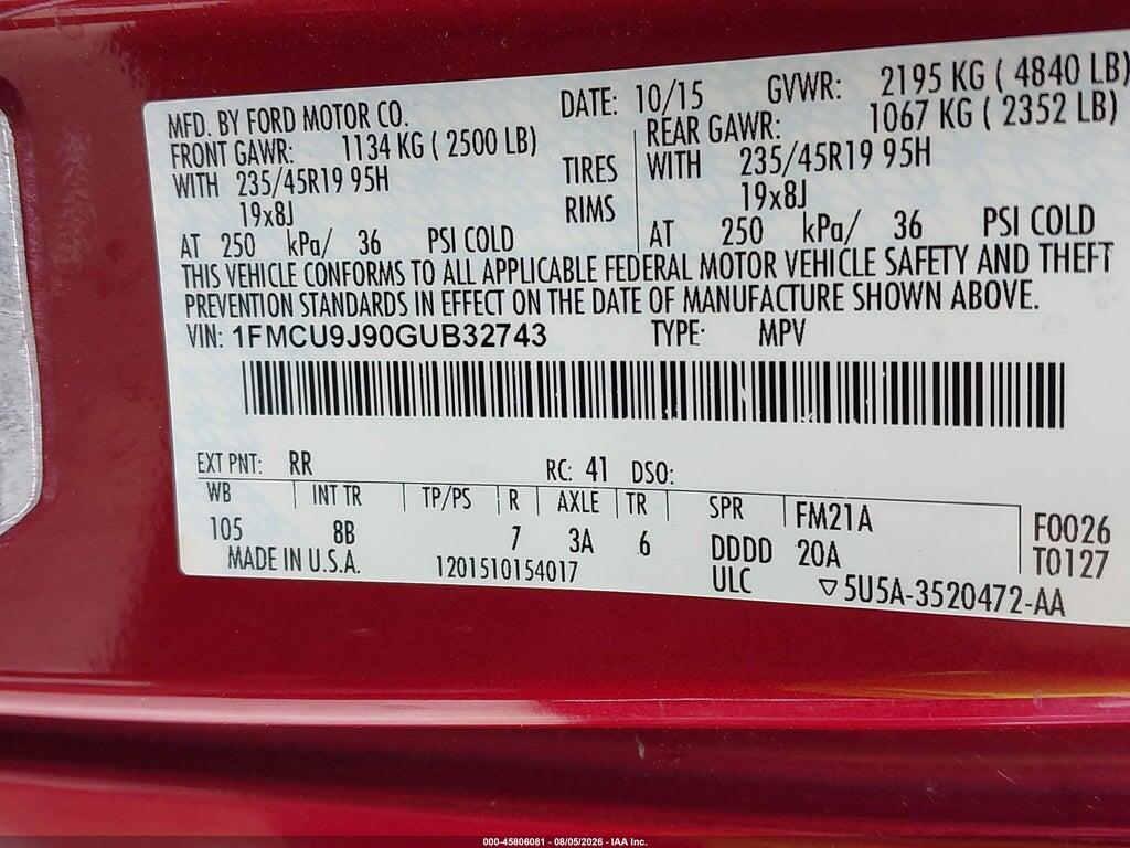 1FMCU9J90GUB32743 2016 FORD ESCAPE photo no. 9