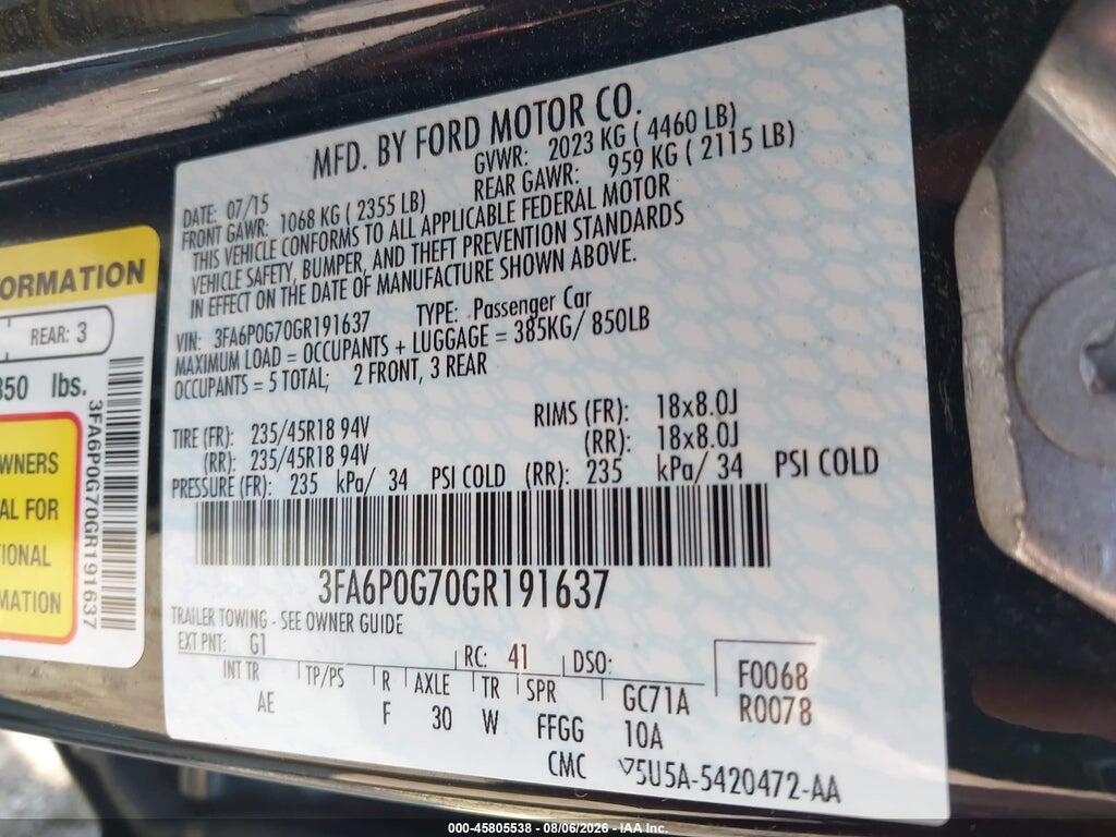 3FA6P0G70GR191637 2016 FORD FUSION photo no. 9