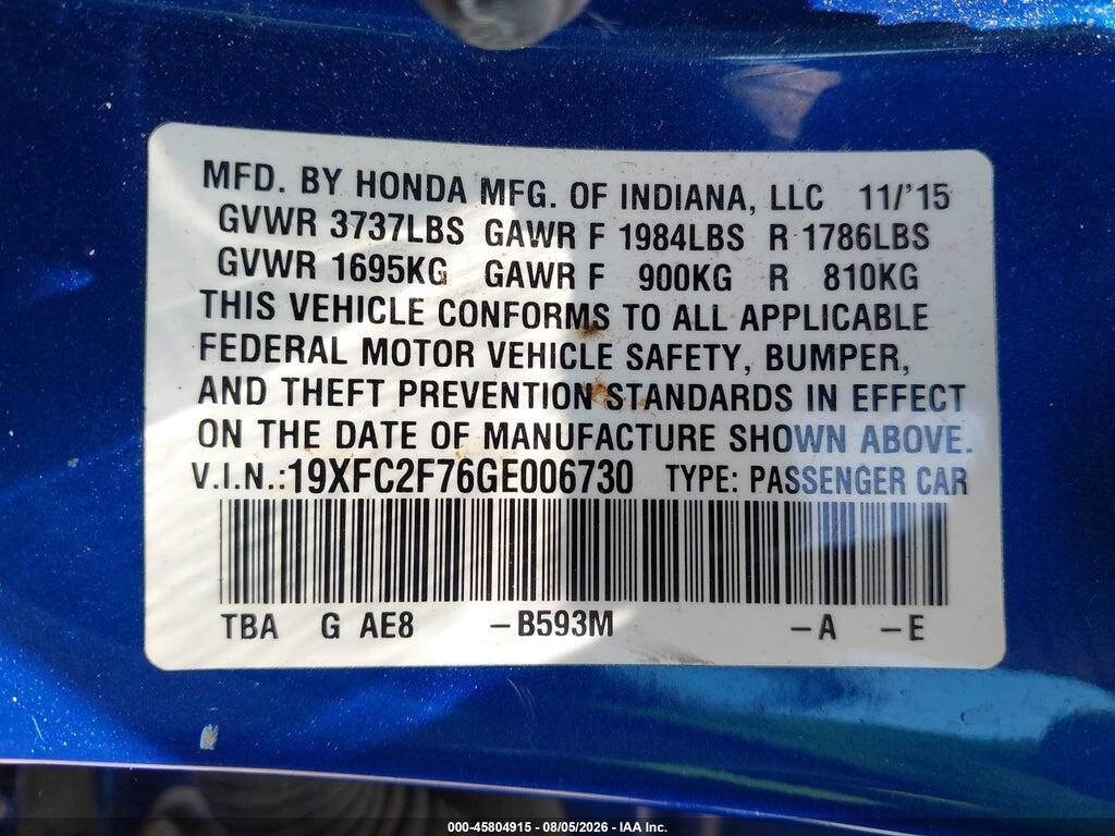 19XFC2F76GE006730 2016 HONDA CIVIC photo no. 9