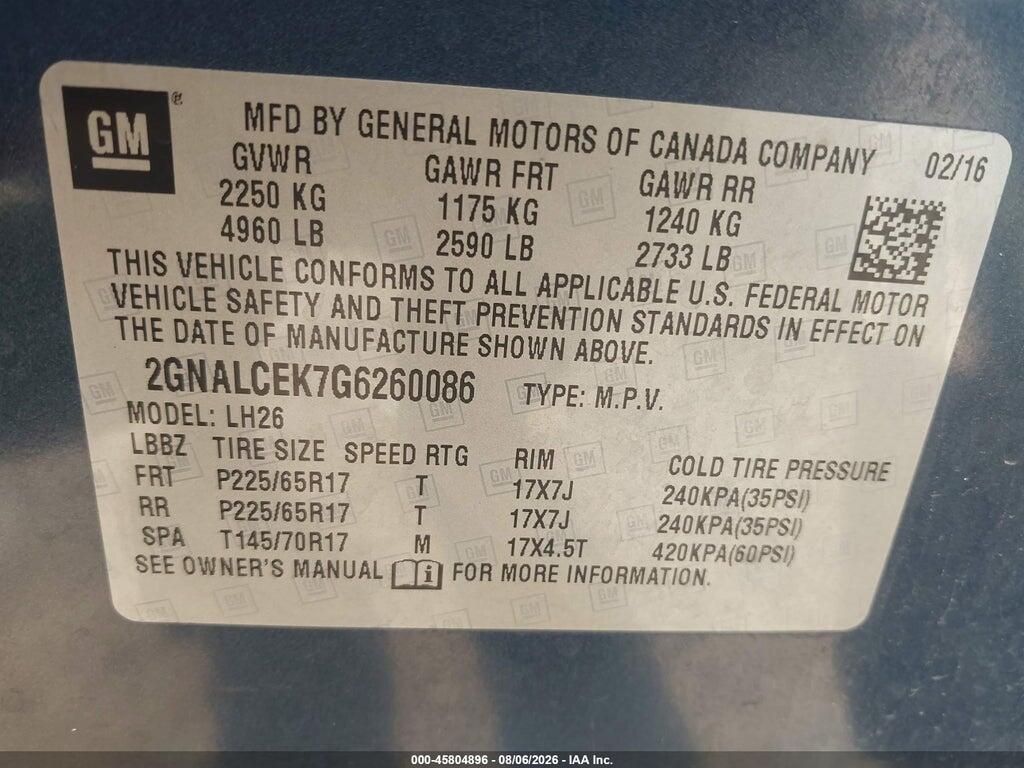 2GNALCEK7G6260086 2016 CHEVROLET EQUINOX photo no. 9