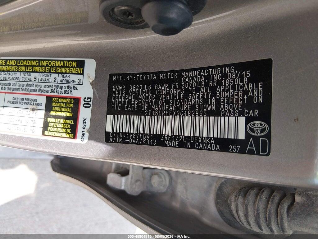 2T1BURHEXGC482865 2016 TOYOTA COROLLA photo no. 9