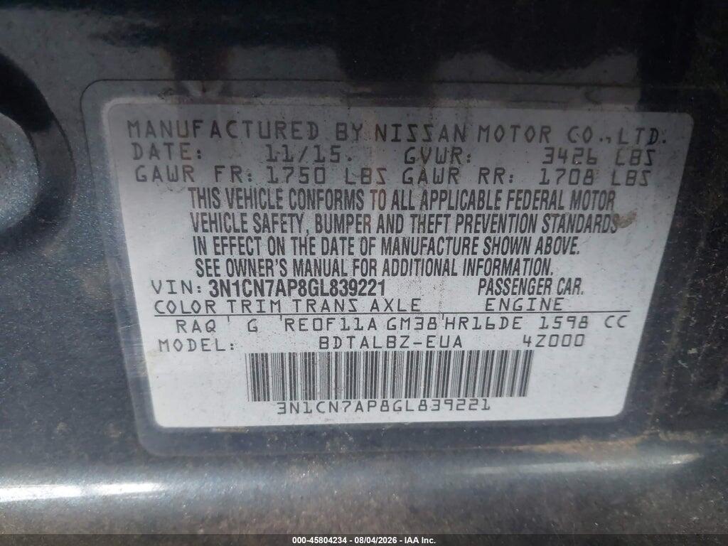 3N1CN7AP8GL839221 2016 NISSAN VERSA photo no. 9