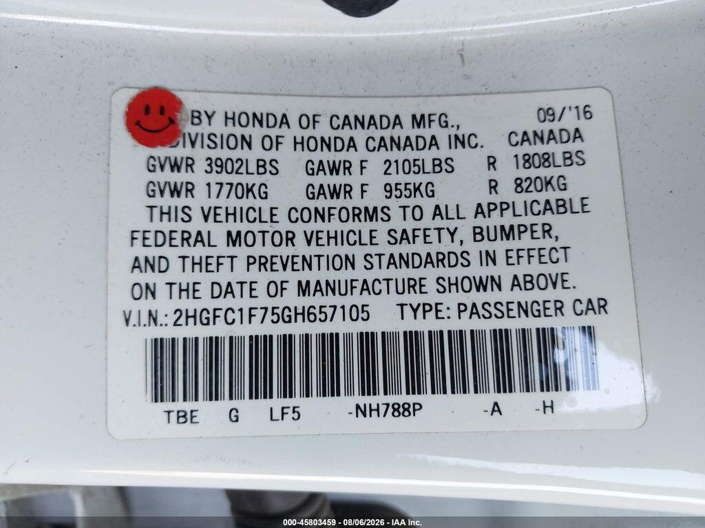 2HGFC1F75GH657105 2016 HONDA CIVIC photo no. 9