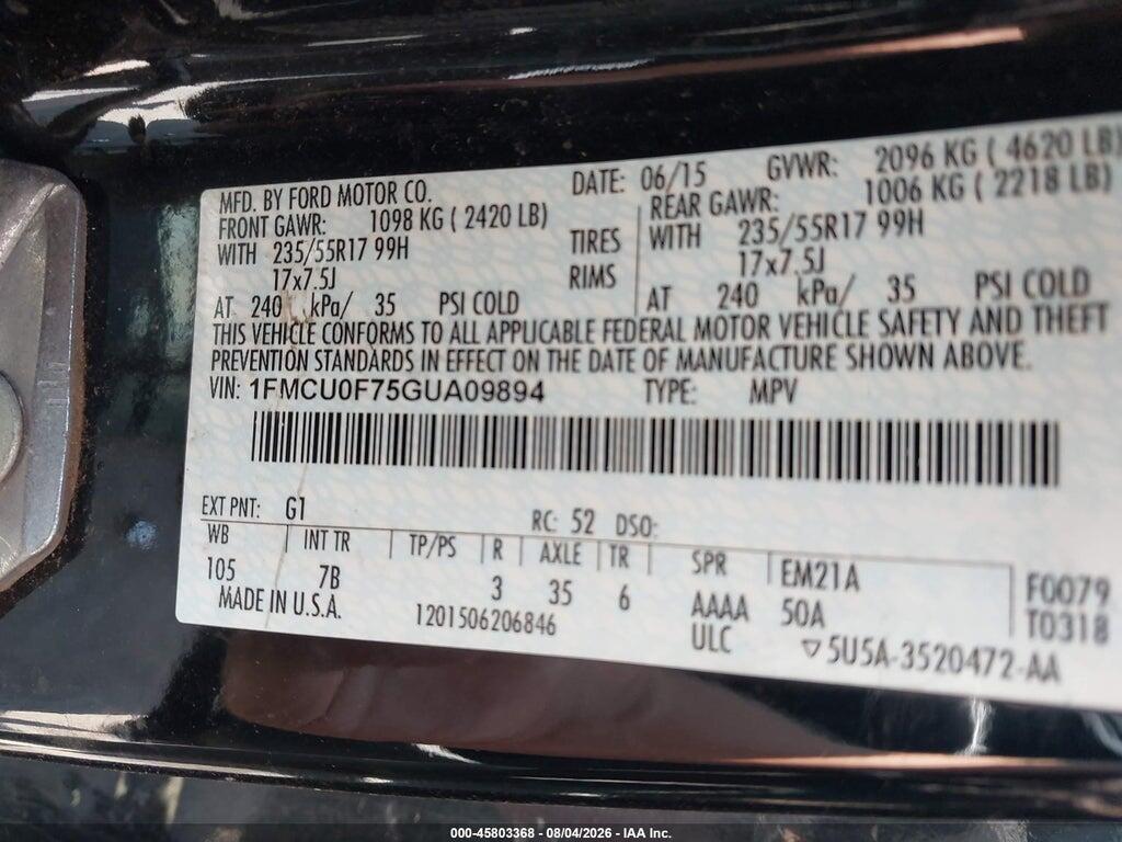 1FMCU0F75GUA09894 2016 FORD ESCAPE photo no. 9