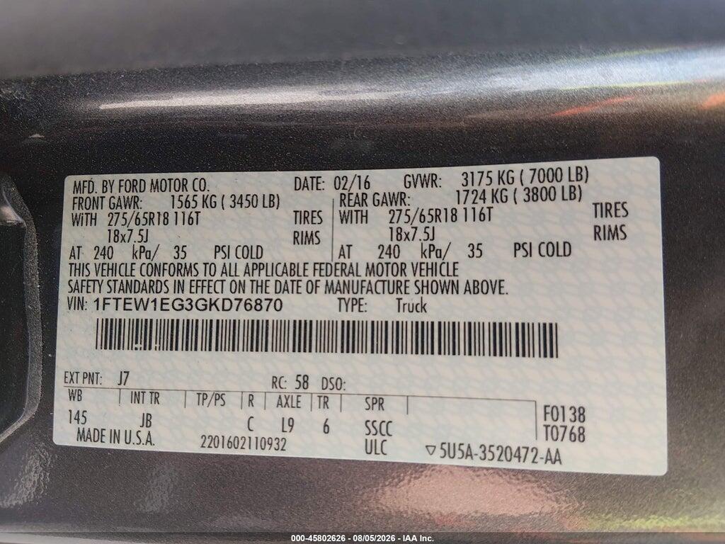 1FTEW1EG3GKD76870 2016 FORD F-150 photo no. 9