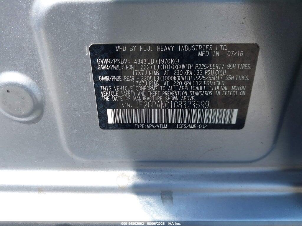 JF2GPANC1G8323599 2016 SUBARU CROSSTREK photo no. 9