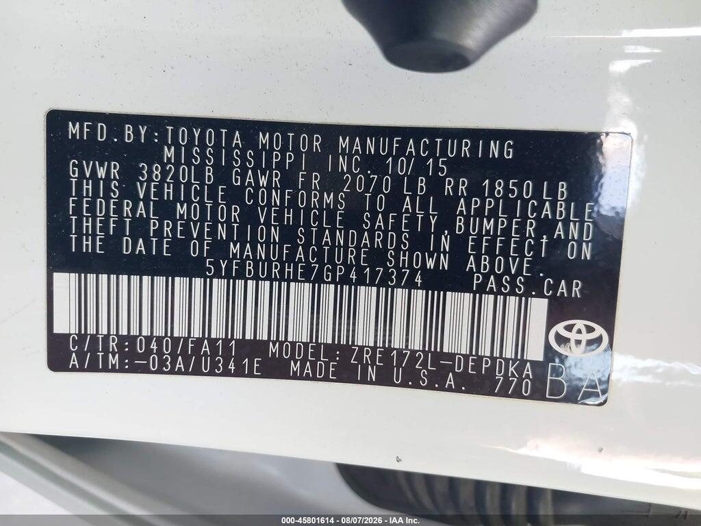 5YFBURHE7GP417374 2016 TOYOTA COROLLA photo no. 9