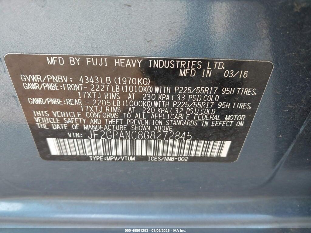 JF2GPANC8G8272845 2016 SUBARU CROSSTREK photo no. 9