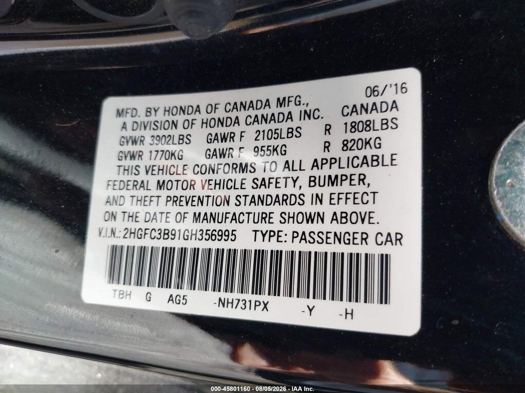 2HGFC3B91GH356995 2016 HONDA CIVIC photo no. 9