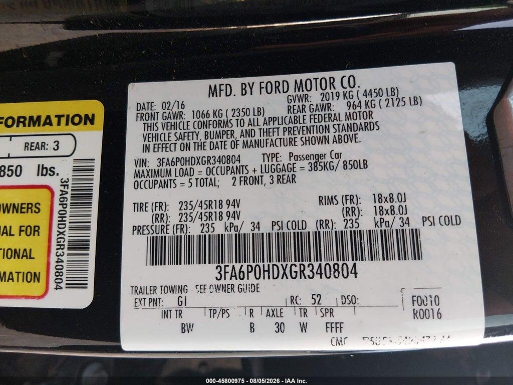 3FA6P0HDXGR340804 2016 FORD FUSION photo no. 9