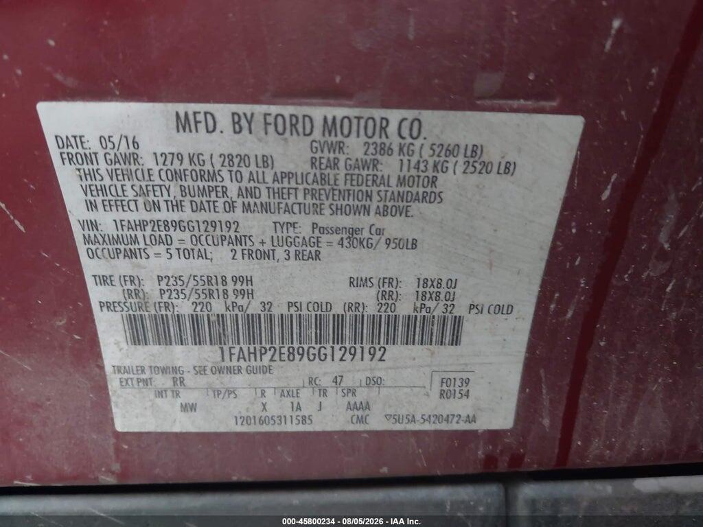 1FAHP2E89GG129192 2016 FORD TAURUS photo no. 9