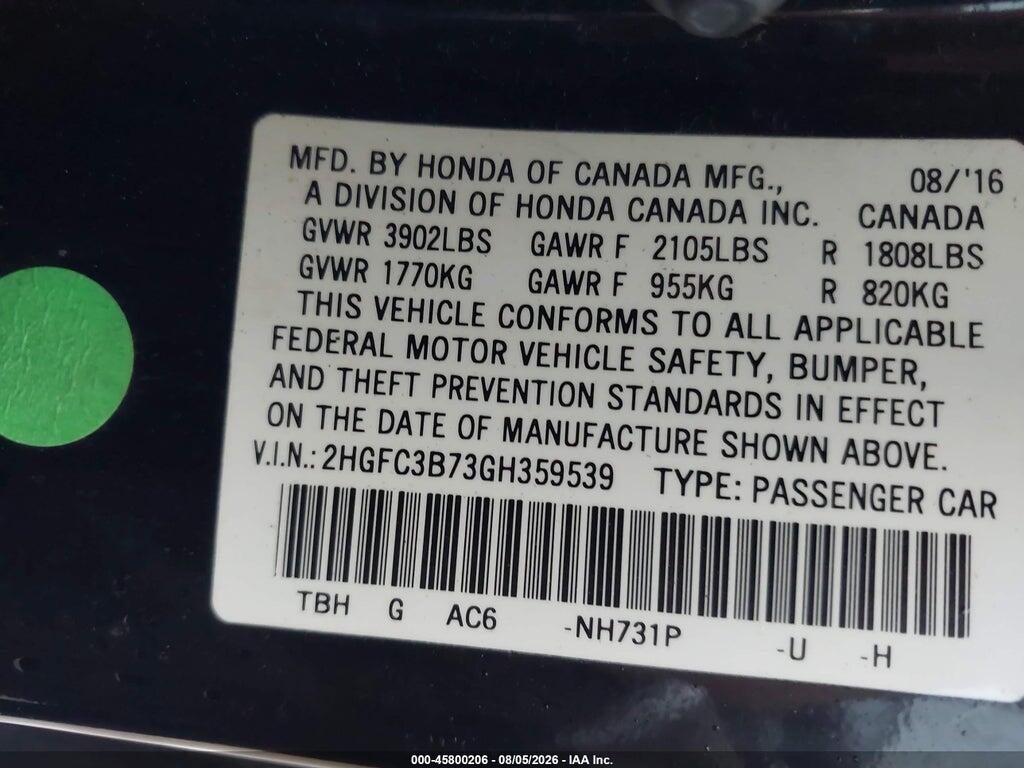 2HGFC3B73GH359539 2016 HONDA CIVIC photo no. 9